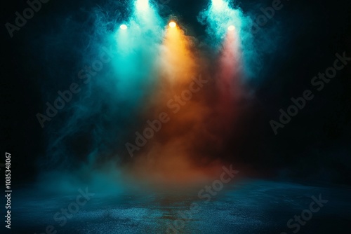 Moody stage lighting with teal, orange, and red spotlights cutting through a smoky atmosphere. The dark, mysterious scene is perfect for a dramatic backdrop.