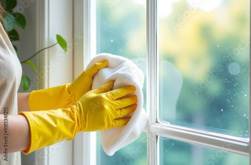 Wallpaper Mural Hands in yellow gloves cleaning a window with a microfiber cloth. Housework and cleaning concept Torontodigital.ca