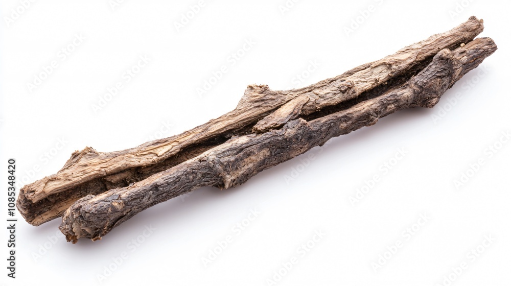 Fototapeta premium Rustic Charm: A Split Wooden Branch on White - Nature's Art at Its Finest