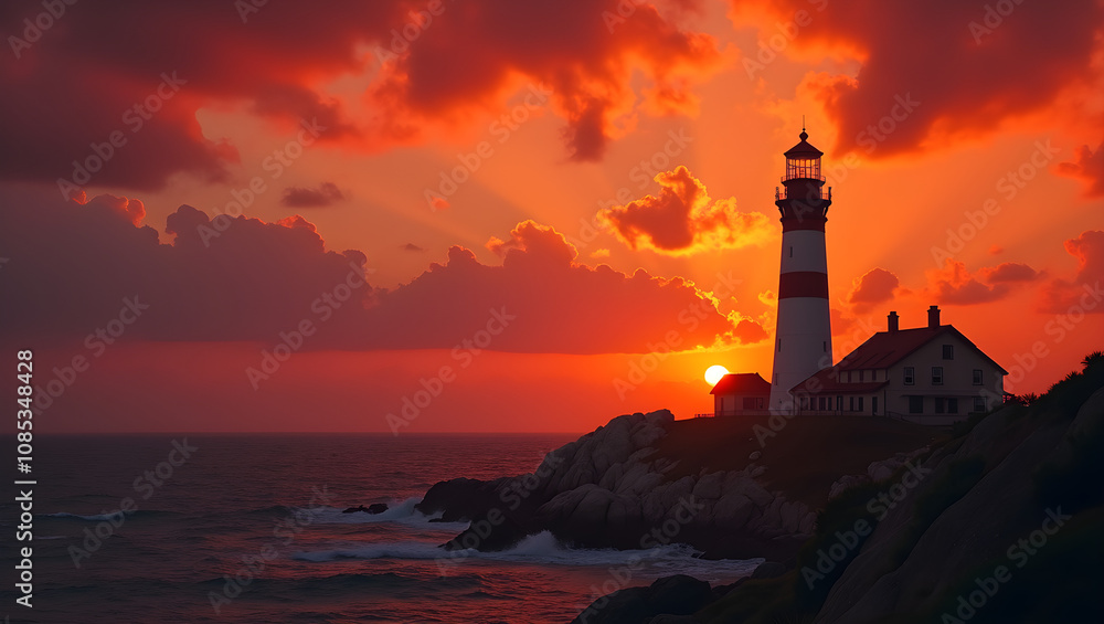 A lighthouse stands tall against a stunning sunset, casting rays of orange and yellow over the ocean waves and rocky coastline A lighthouse stands tall against a stunning sunset, casting rays of orange and yellow over the ocean waves and rocky coastline