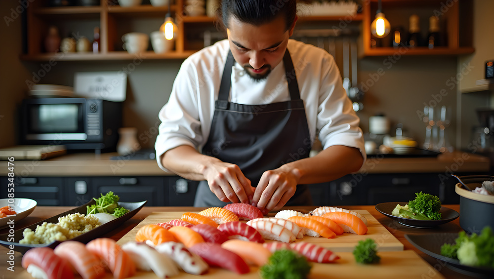 A chef skillfully arranges a colorful selection of sushi pieces on a wooden board, showcasing culinary artistry and fresh ingredients A chef skillfully arranges a colorful selection of sushi pieces on a wooden board, showcasing culinary artistry and fresh ingredients