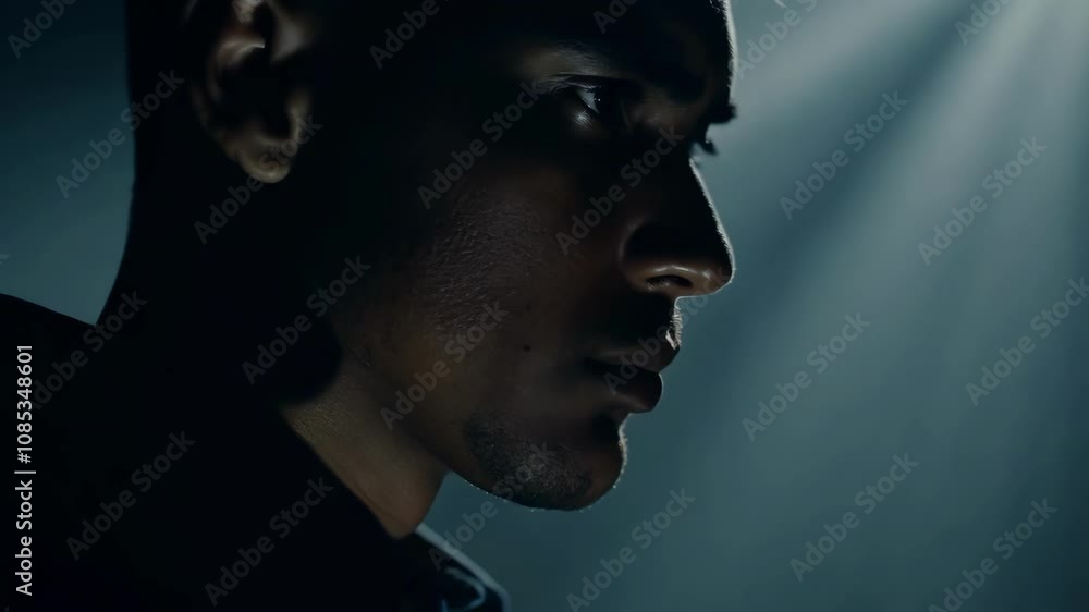 Dramatic side profile of a man in low light with moody shadows and intense emotion Dramatic side profile of a man in low light with moody shadows and intense emotion