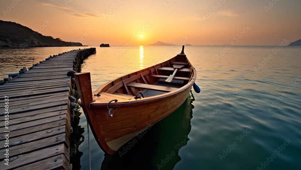 A serene sunrise illuminates a wooden boat moored beside a tranquil pier, casting reflections on the calm water's surface A serene sunrise illuminates a wooden boat moored beside a tranquil pier, casting reflections on the calm water's surface