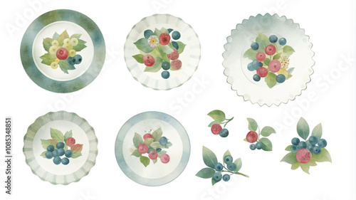 Set of watercolor plates with berries and leaves on white background.