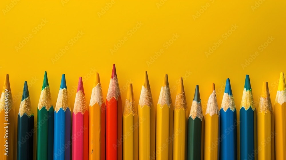 A row of colored pencils in a variety of colors against a yellow background. A row of colored pencils in a variety of colors against a yellow background.