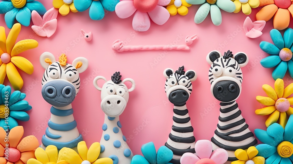 Fototapeta premium Playdoh zebras and flowers on a pink background.