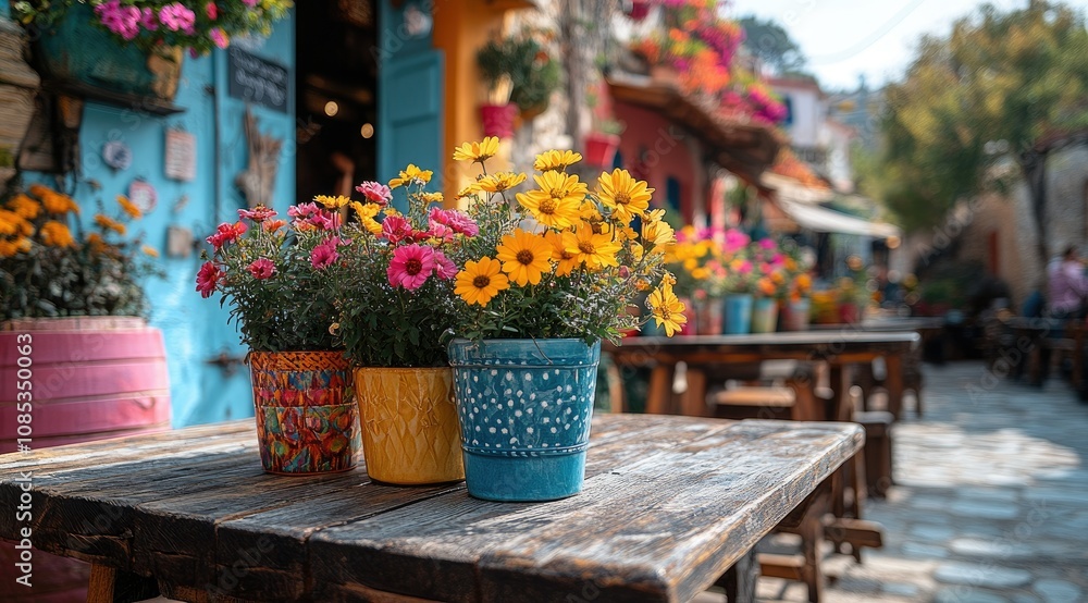 Colorful flowers in vibrant pots on a rustic wooden table outside a charming cafe. Colorful flowers in vibrant pots on a rustic wooden table outside a charming cafe.