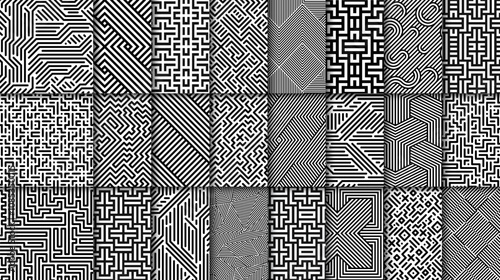 Collection of vector seamless geometric patterns. Striped black and white abstract backgrounds. Monochrome linear textures. Endless unusual prints