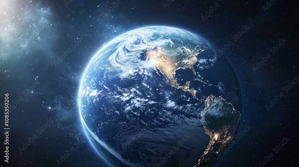 Earth in the Cosmos: A breathtaking view of Earth from space, showcasing its vibrant blue oceans, swirling clouds, and continents illuminated by sunlight. Earth in the Cosmos: A breathtaking view of Earth from space, showcasing its vibrant blue oceans, swirling clouds, and continents illuminated by sunlight.