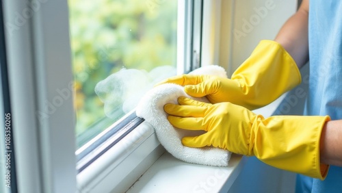 Wallpaper Mural Hands in yellow gloves cleaning a window with a microfiber cloth. Housework and cleaning concept Torontodigital.ca