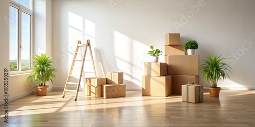 Minimalist Moving Day Scene: Cardboard Boxes, Ladder, and Potted Plant in a Sunlit, Empty Room Ready for Relocation or Home Improvement
