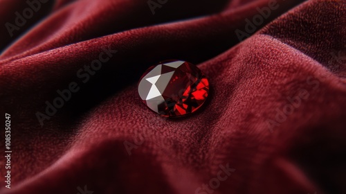 Ruby Red Velvet: A shimmering ruby gemstone rests on a plush red velvet fabric, creating a striking contrast of color and texture. photo