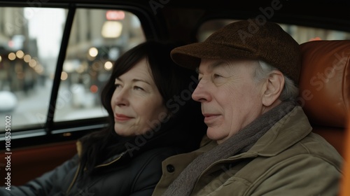 A couple shares a loving moment in their car, radiating happiness in the city