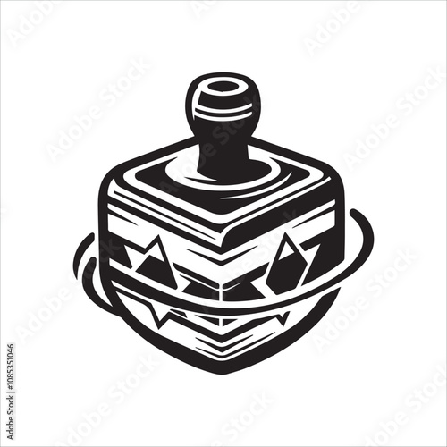 Modern, stylized Dreidel spinning in a mystical vortex. A bold, graphic black and white illustration of a Dreidel, the traditional Jewish spinning top.