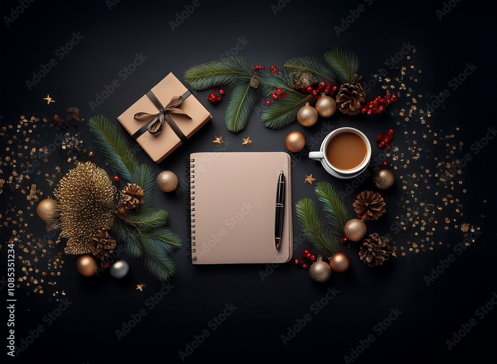 A cozy Christmas scene featuring a blank notebook, pen, coffee, gift, and festive decorations like pine, berries, and ornaments. Perfect for planning or journaling during the holiday season. A cozy Christmas scene featuring a blank notebook, pen, coffee, gift, and festive decorations like pine, berries, and ornaments. Perfect for planning or journaling during the holiday season.