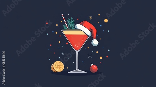 Christmas Cocktail Party:  A festive cocktail in a martini glass, adorned with a Santa hat, a sprig of holly, and a straw,  set against a starry night sky.