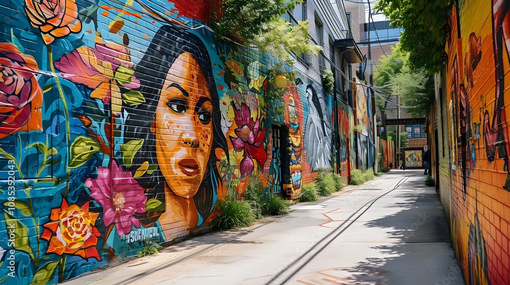 Fototapeta premium Bright and Artistic Alley Featuring Colorful Wall Murals and Urban Vibes
