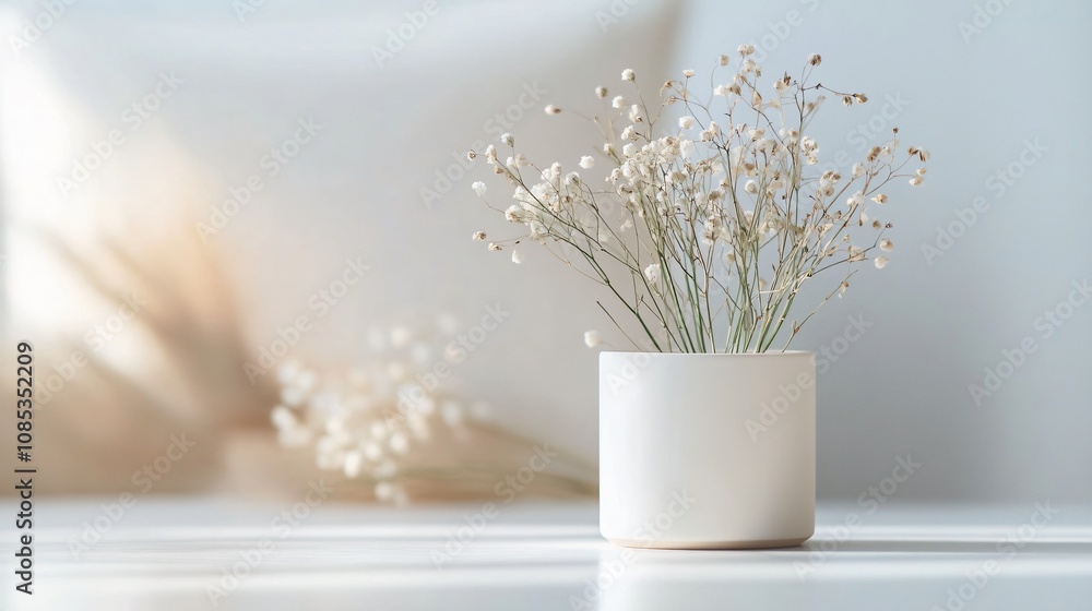 Fototapeta premium Dried flowers in white ceramic pot on white table. Minimalist home decor, soft and elegant floral arrangement. Serene and tranquil atmosphere, neutral pastel colors, delicate and airy feel.