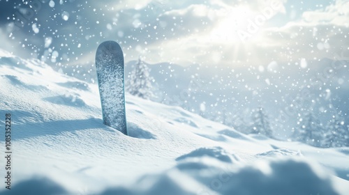 Snowboard in the Snow: A lone snowboard stands upright in a snowy mountain landscape, half buried in the powder with a majestic snowy peak rising in the distance. photo