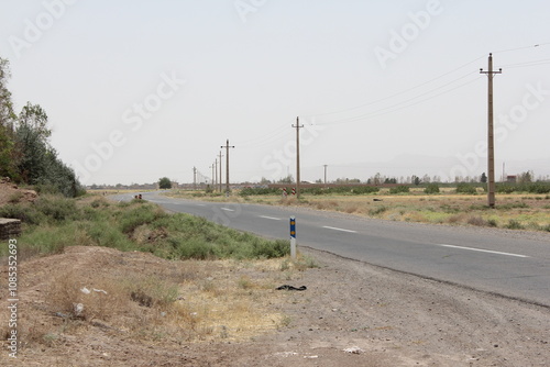 Empty asphalt road stretching through the desert, symbolizing solitude and the journey through remote areas.