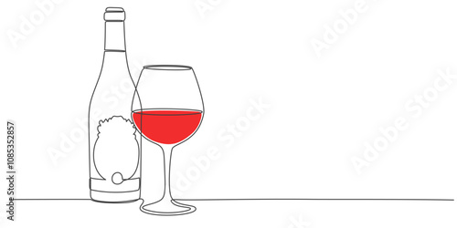bottle of wine and glass line art style vector illustration. One line continous editable vector