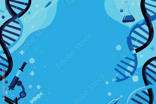 Abstract illustration  blue gradient background featuring intertwined DNA strands, scientific elements, and subtle futuristic glow.