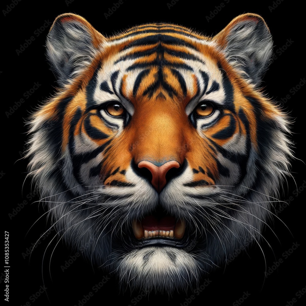 Fototapeta premium Wild Siberian Tiger Animal Portrait. Strong and Cruel Predator Mascot. Striped Dangerous and Amazing Wild Cat Feline Animal Face. 