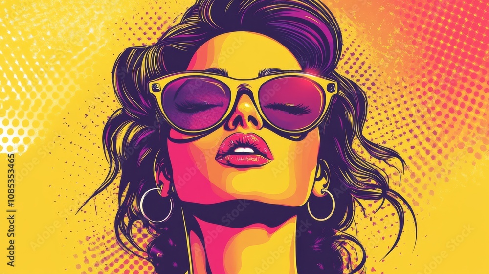 A vibrant pop art portrait of a stylish woman with bold sunglasses and a confident expression. A vibrant pop art portrait of a stylish woman with bold sunglasses and a confident expression.