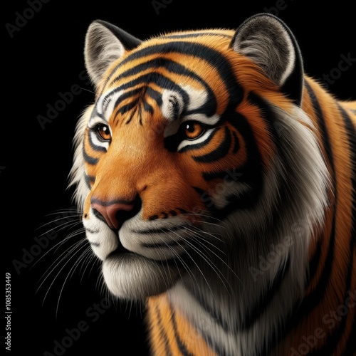 Wild Siberian Tiger Animal Portrait. Strong and Cruel Predator Mascot. Striped Dangerous and Amazing Wild Cat Feline Animal Face.  photo