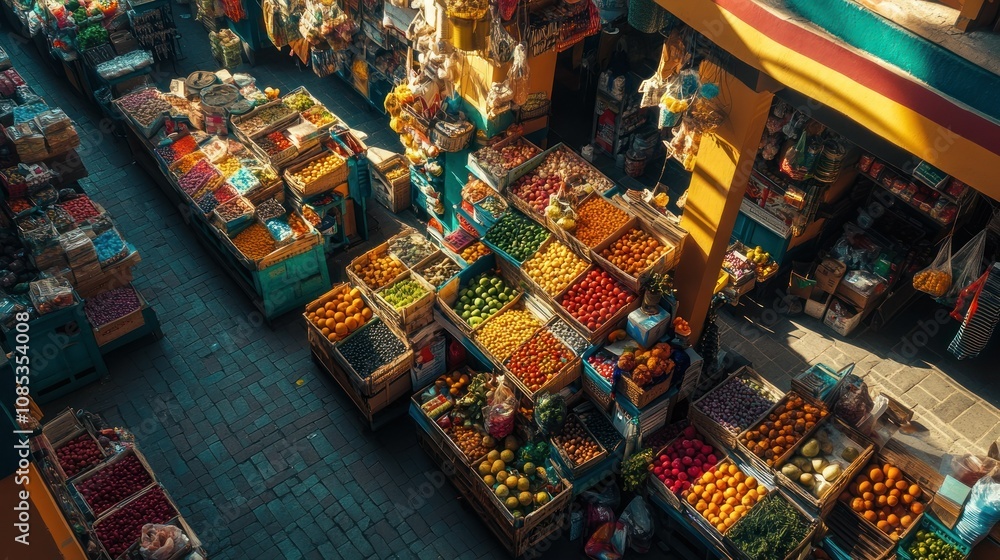 Naklejka premium A Bird's Eye View of a Vibrant Produce Market Stall