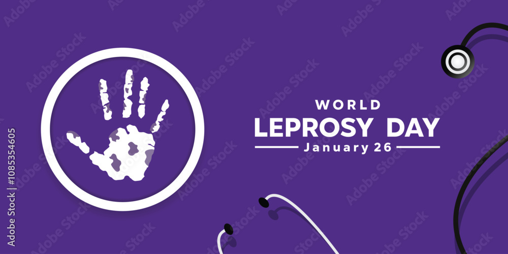 World Leprosy Day. Hand and stesthoscope. Great for cards, banners, posters, social media and more. Purple background. World Leprosy Day. Hand and stesthoscope. Great for cards, banners, posters, social media and more. Purple background.
