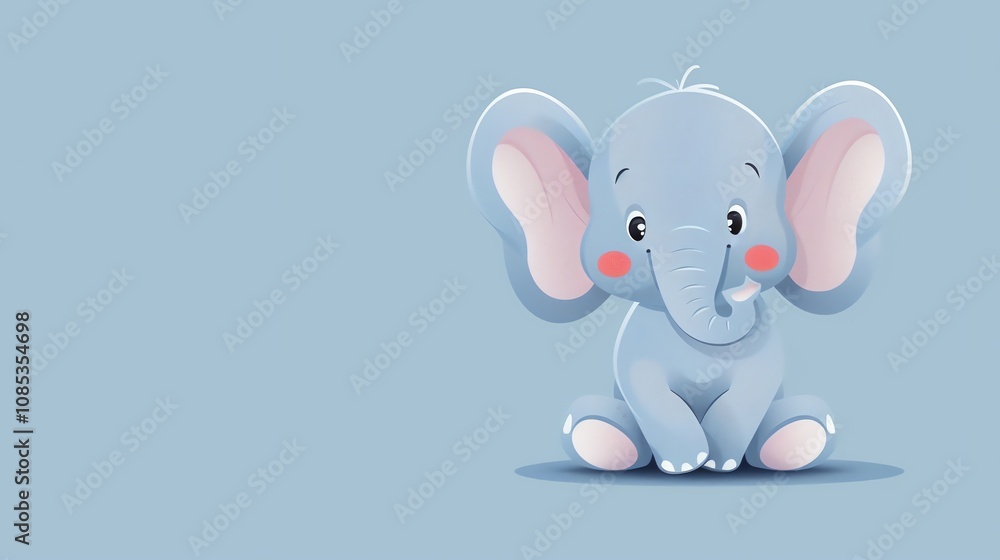A cartoon baby elephant with big ears sitting on a light blue background. A cartoon baby elephant with big ears sitting on a light blue background.