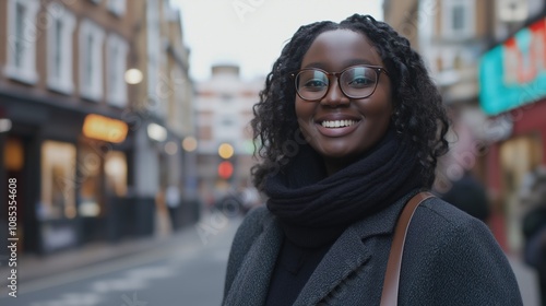 A happy Black woman stands in a London street, smiling warmly while embracing the vibrant urban life