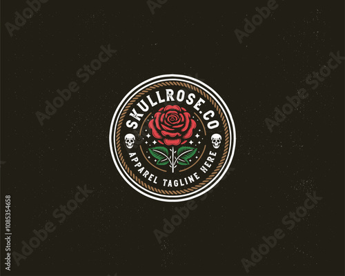 Vintage badge dead skull with rose illustration logo printing for business company