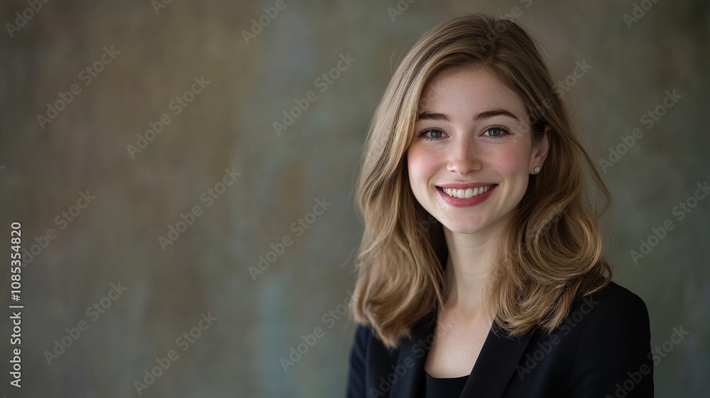 Young woman smiling with soft natural light against a blurred background, portraying warmth and confidence in a professional setting Young woman smiling with soft natural light against a blurred background, portraying warmth and confidence in a professional setting