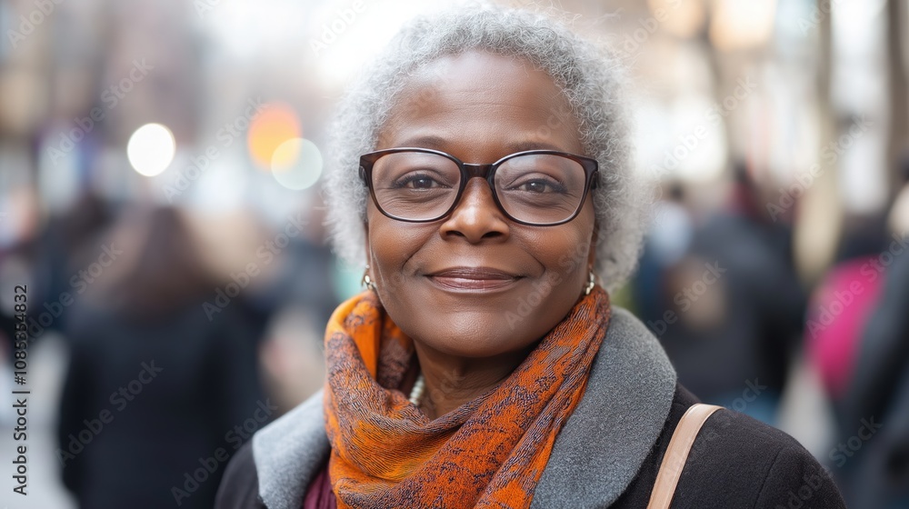 A joyful gray-haired Black woman in glasses strolls through a lively London street A joyful gray-haired Black woman in glasses strolls through a lively London street