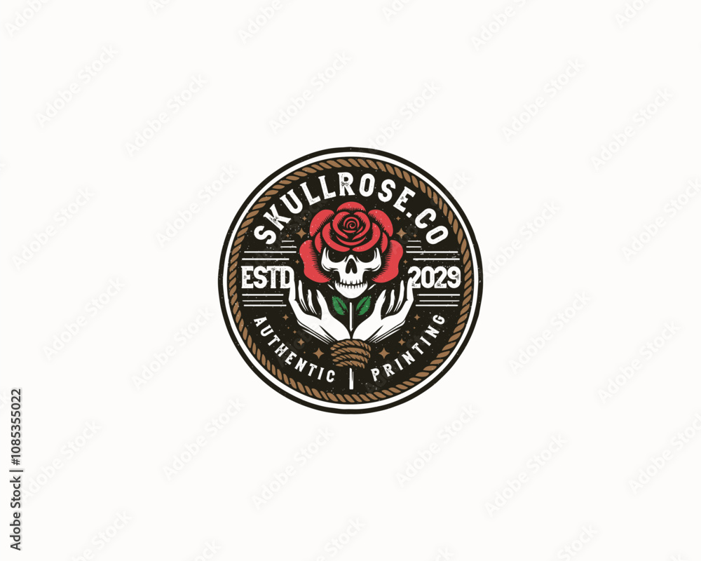 Fototapeta premium Vintage badge dead skull with rose illustration logo printing for business company