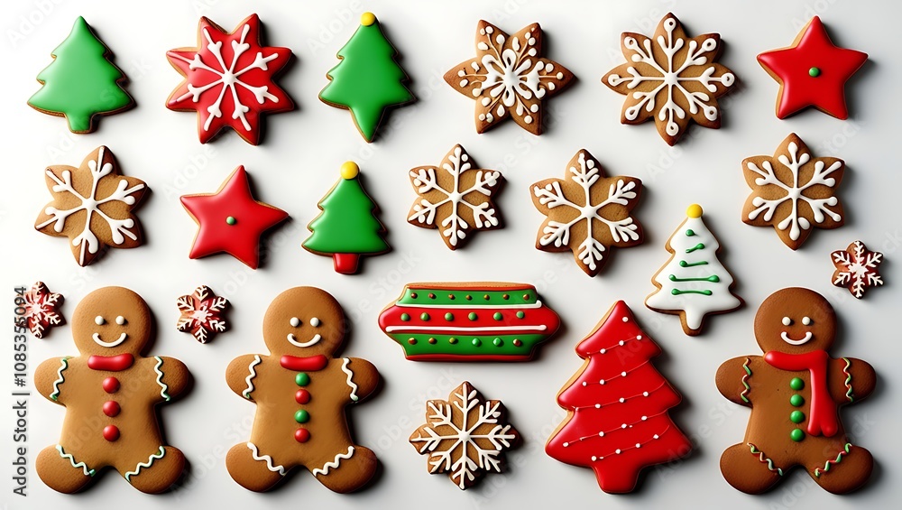 Christmas-Themed Cookies with Colorful Icing: Gingerbread Men, Snowflakes, Stars & Christmas Trees on White Background Christmas-Themed Cookies with Colorful Icing: Gingerbread Men, Snowflakes, Stars & Christmas Trees on White Background
