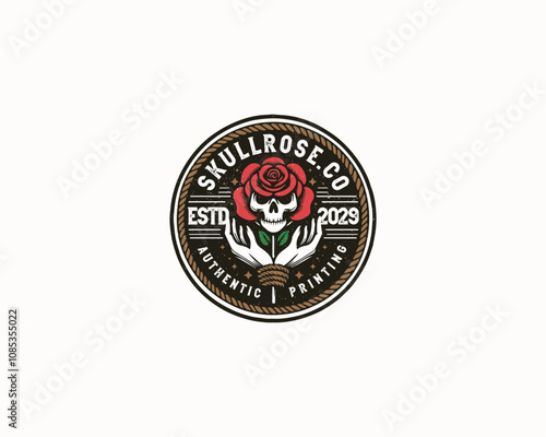 Vintage badge dead skull with rose illustration logo printing for business company photo