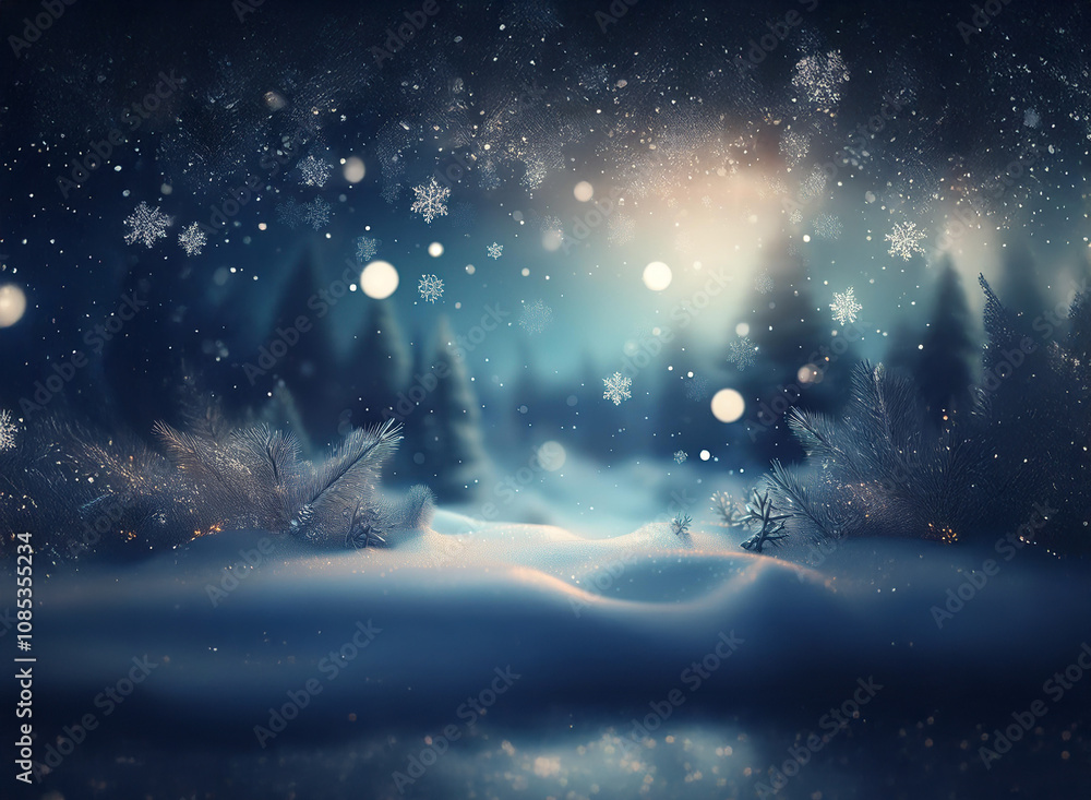 Obraz premium A serene winter scene unfolds: snow-covered ground, softly lit pine trees, and a snowfall under a twilight sky. Magical, peaceful ambiance.