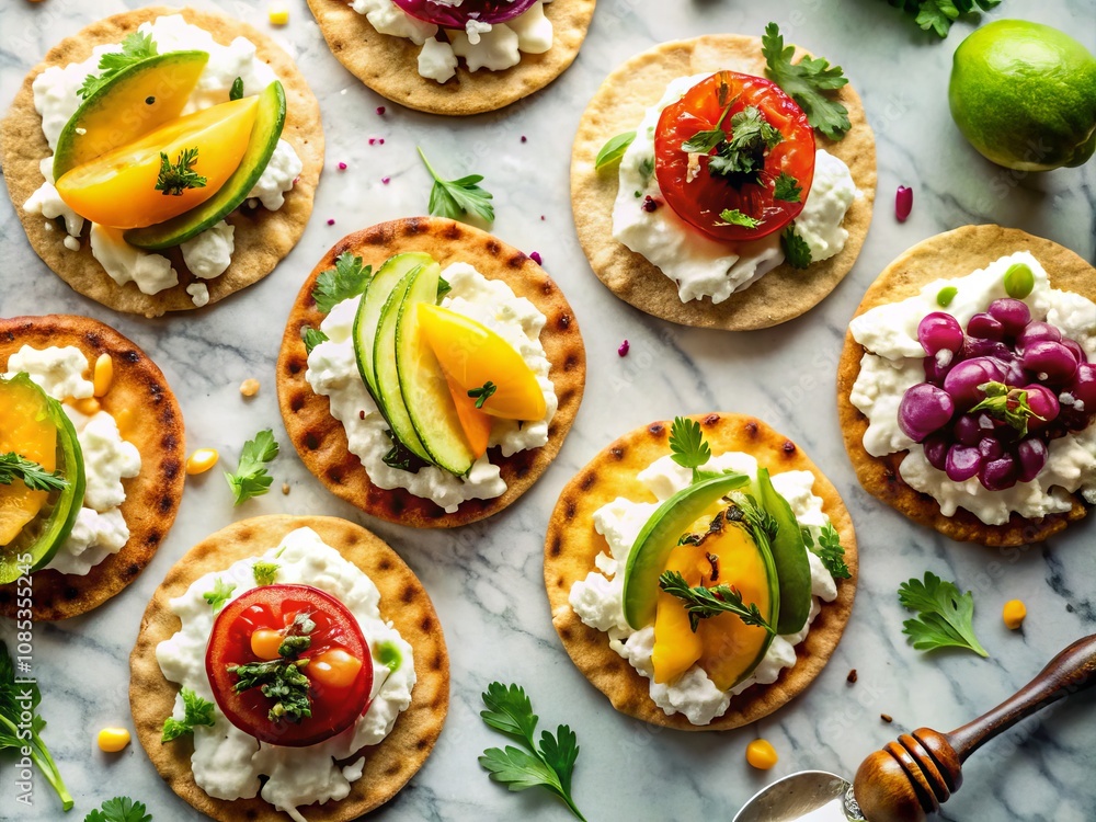 Overhead View of Tostadas with Goat Cheese and Honey on Marble Surface, Capturing the Essence of Mediterranean Cuisine in a Beautiful Silhouette Photography Style Overhead View of Tostadas with Goat Cheese and Honey on Marble Surface, Capturing the Essence of Mediterranean Cuisine in a Beautiful Silhouette Photography Style