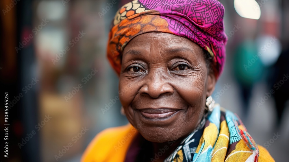 A happy Black woman with a bright scarf radiates joy and warmth in London's lively atmosphere A happy Black woman with a bright scarf radiates joy and warmth in London's lively atmosphere