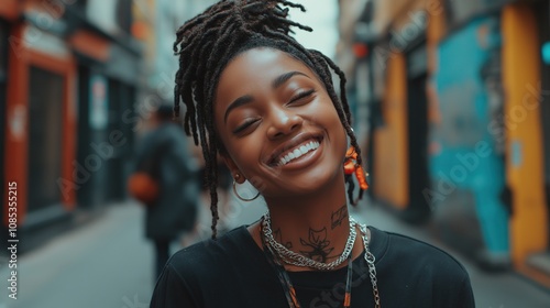 A cheerful Black woman enjoys her day in a lively London environment, reflecting joy and beauty