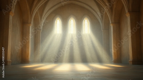 Sunlight streaming through three gothic windows in an ancient church