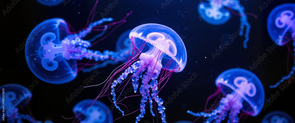 Fototapeta premium Glowing jellyfish illuminate dark underwater scene