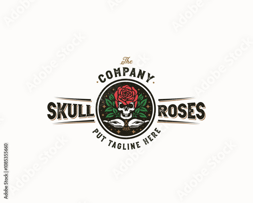 Vintage badge dead skull with rose illustration logo printing for business company