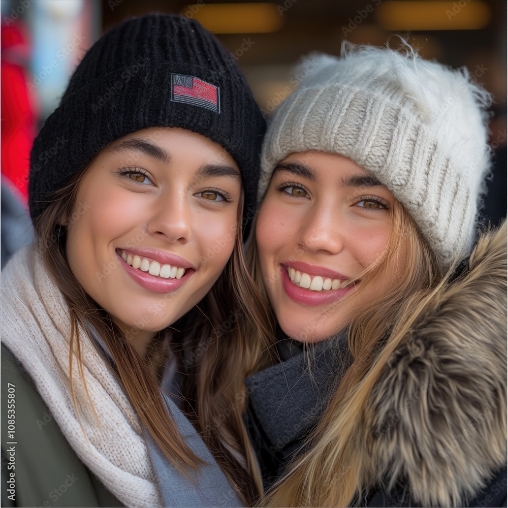 Two smiling girls share a joyful moment outdoors in New York, dressed warmly for winter Two smiling girls share a joyful moment outdoors in New York, dressed warmly for winter