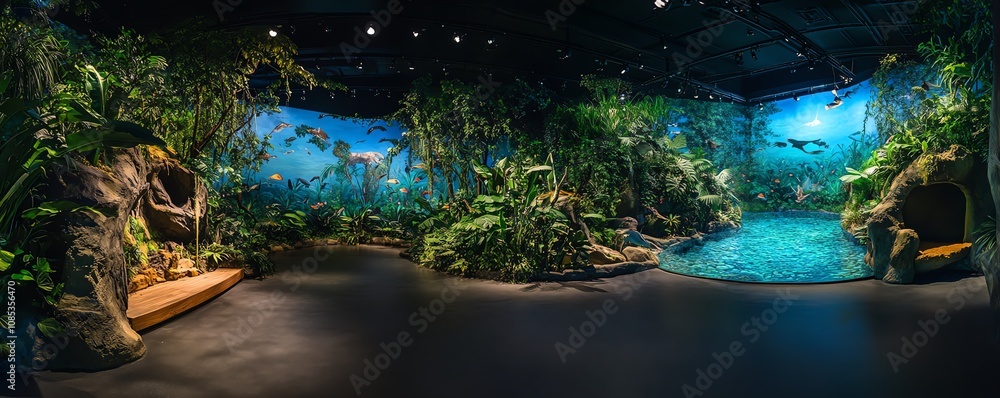 Immersive tropical rainforest exhibit with lush foliage, a tranquil pool, and detailed murals. Ideal for nature, travel, and environmental themes. Immersive tropical rainforest exhibit with lush foliage, a tranquil pool, and detailed murals. Ideal for nature, travel, and environmental themes.