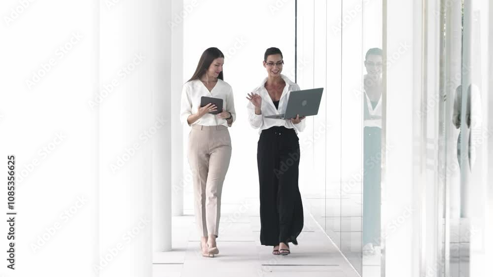 Two business women in the lobby of a modern office are discussing the work of a new project. Business, technology and teamwork concept. Two business women in the lobby of a modern office are discussing the work of a new project. Business, technology and teamwork concept.