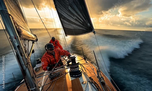 Sailboat Racing Through Rough Waters at Sunset